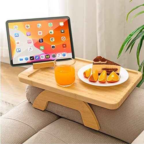 SINWANT Couch Arm Tray,Bamboo Sofa Clip on Side Table,Foldable Couch Armrest Table with 360°Rotating Phone Holder,Anti Slip Food Trays for Eating/Drinks/Snacks/Remotes 15.35" x 9.85" by SINWANT
