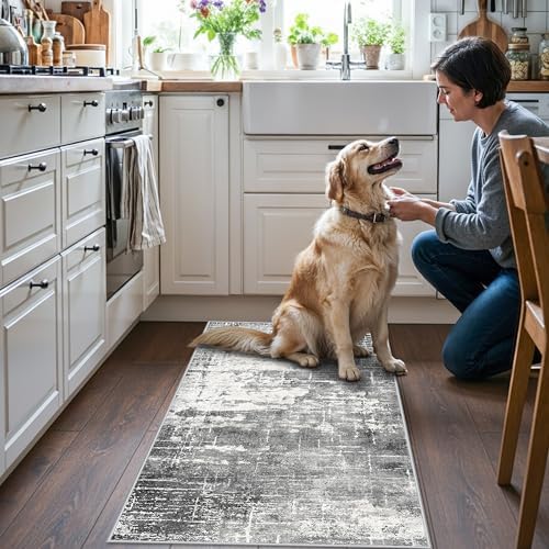 Abstract 2x4 Entryway Area Rugs: Washable Water Resistant Kitchen Rug Non-Slip Durable Doormat Ultra Soft Bedroom Beside Carpet Indoor Low Pile Floor Mat for Bathroom Stove Sink Area(2x4,Black/Grey) - Image 2