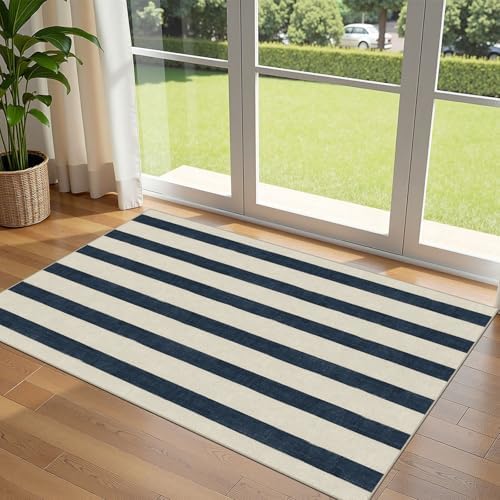 Blue and White Striped Entry Rug - 3x5 Non-Slip Indoor Outdoor Rugs by Othilic