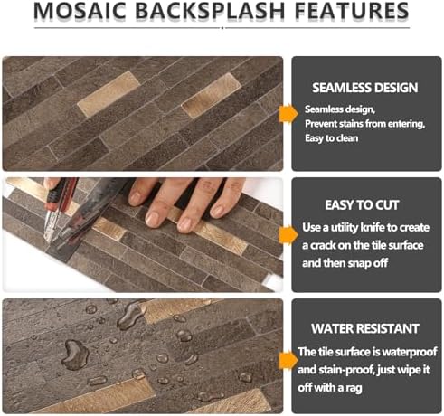 STICKGOO 20 Sheets Peel and Stick Backsplash Tile, Stick on Backsplash for Kitchen and Bathroom, Dark Brown Marble Look PVC Mixed Metal Gold Self Adhesive Wall Tiles - Image 4