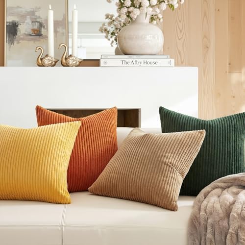 Topfinel Boho Farmhouse Green Rust Striped Pillow Covers 24x24 Set of 4 Mordern Nordic Soft Corduroy Cushion Covers Fall Home Decor for Couch Bed Sofa Living Room Forest Green - Image 3