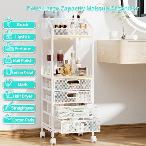 HapiRm Rolling Cart Makeup Organizer - Metal Makeup Cart with Wheels and Drawers for Small Spaces & Messy Vanities, Space-Saving Beauty Cosmetics Cart Storage Cabinet Stand for Perfume Hair Tools - Image 6