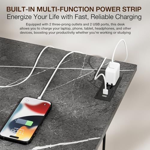 TEMI Small Computer Desk Folding Table - No Assembly, Compact 35.8" Foldable Desk with Power Outlets & USB Charging Port, Portable Small Office Desk, Ideal Mini Study Table, Marble Greige - Image 5