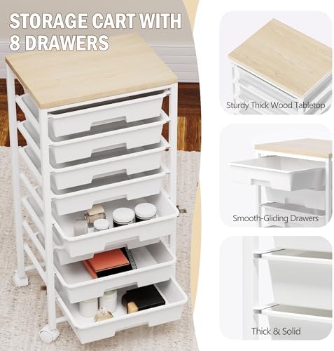 Rolling Cart with 8 Drawers, Storage Drawers Cart with Wooden Tabletop and Lockable Wheels, Craft Storage for Living Room, Office, Classroom, Craft Room, Bedroom - Image 3