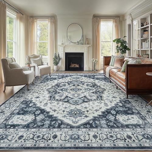AMADA HOMEFURNISHING 9x12 Area Rug, Washable Low-Profile Large Area Rug with Non-Slip Backing & Durable Edge Binding, Vintage Large Rugs for Living Room, Bedroom by AMADAHOMEFURNISHING