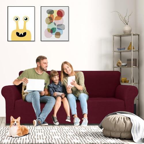 MAXIJIN Stretch Oversized Couch Covers for 3 Cushion Couch (91"-110"), 1-Piece Large Sofa Cover Slipcover Furniture Protector for Kids,Dogs (Extra Large, Diamond Pattern Wine Red) - Image 2