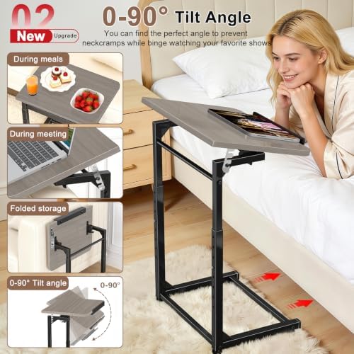 Upgrade Tv Tray Table, 8-Level Adjustable Height Couch Side Table, 90° Tilt Angle Foldable C-Shaped End Table with Phone & Tablet Slot Sofa Computer Desk for Sofa,Bed,Chair,Living Room (Lvory Gray） - Image 4