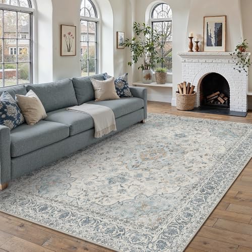 6x9 Washable Area Rug Navy Blue Non Slip Vintage Carpet by WondRg
