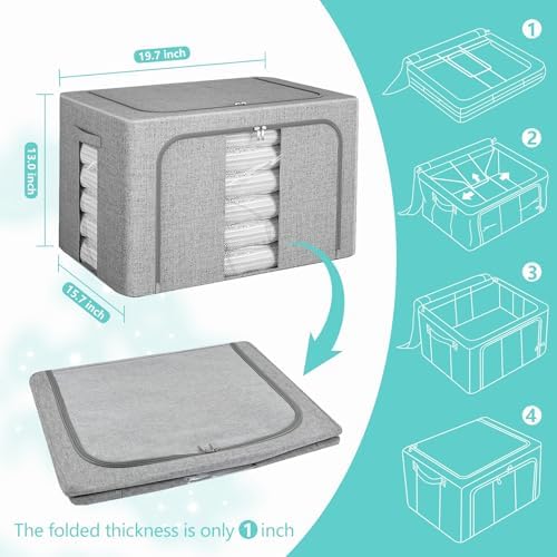 3 Pack Clothes Storage Bins, Foldable Metal Frame Storage Box with Lids,Stackable Linen Fabric Organizer Set with Carrying Handles,Zippers,and Clear Window (Grey, 66L) - Image 2