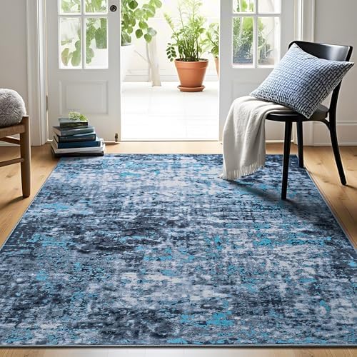 Modern Abstract 3x5 Rug, Non Slip Entryway Rug, Soft Machine Washable Rugs for Indoor Entry, Low Pile Stain Resistant Distressed Rug for Living Room, Bedroom, Blue - Image 4
