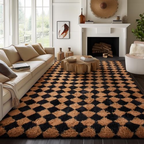Ophanie 8x10 Black & Beige Diamond Checkered Rugs for Living Room Bedroom,Large Rhombus Fluffy Soft Fuzzy Area Rugs,Plush Shaggy Bedside Floor Carpet Kids Baby Dorm Decor with Over 99 pcs Pile fibers - Image 5