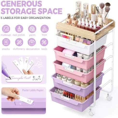 SYKIARIOL Rolling Storage Utility Cart with 5 Drawers,Purple - Image 3