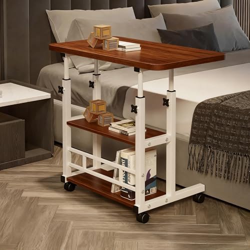 VebaCidi Medical Overbed Bedside Table with Two Shelves and Wheels (Hospital and Home Use), 31 1/2" Desk with Non Tilt Wooden Top, Adjustable Height (Black Walnut) by VebaCidi
