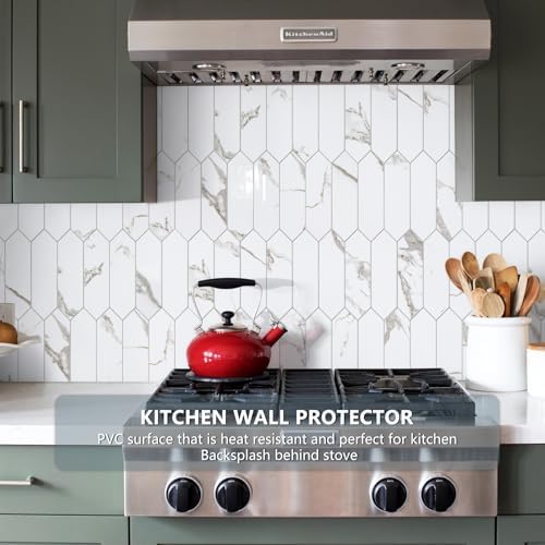 Vamos Tile Glossy White Marble with Gold Veining Backsplash Tile Peel and Stick, 12.8 x 12.8 Inch 10 Sheets Long Hexagon PVC Self Adhesive Mosaic Tiles Stick on Backsplash for Kitchen and Bathroom - Image 2