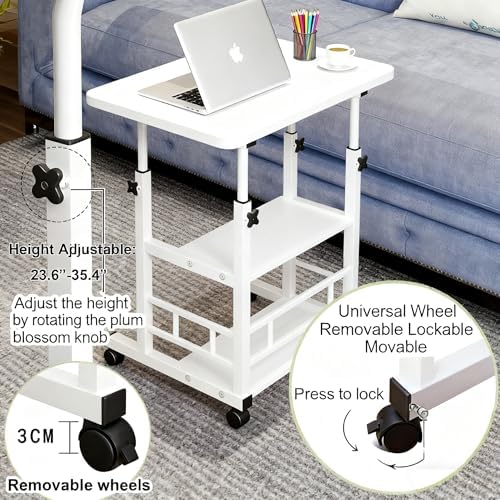 VebaCidi Medical Overbed Bedside Table with Two Shelves and Wheels (Hospital and Home Use), 31 1/2" Desk with Non Tilt Wooden Top, Adjustable Height (White) - Image 4