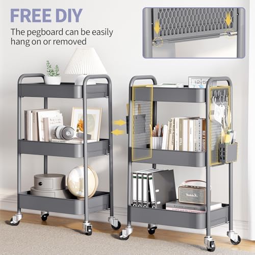 TOOLF 3 Tier Rolling Cart, Metal Utility Storage Cart with Pegboard, Grey | 2 Bins & 4 Hooks, Screwless Assembly, Lockable Wheels, Trolley Organizer for Bathroom, Kitchen, Office, Dorm, Craft Room - Image 3