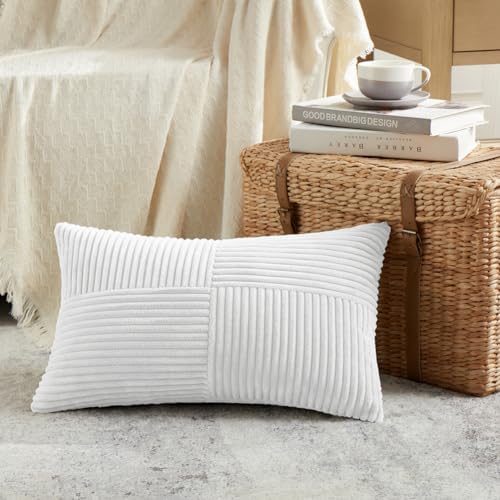 Fancy Homi 2 Packs White Long Lumbar Decorative Throw Pillow Covers 12x24 Inch for Couch Bed Sofa, Rustic Farmhouse Boho Home Decor, Soft Striped Corduroy Rectangle Accent Cushion Case 30x60 cm - Image 2