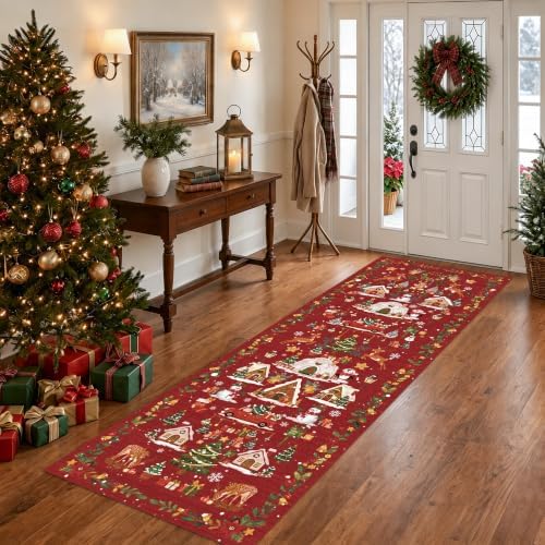 Red 2x6 Kitchen Runner Rug: Non-Slip Printed Hallway Christmas Tree Rugs Washable Low Pile Water Resistant Entryway Bathroom Floor Carpet Soft Mat for Bedroom Bathroom Distressed Beside Rug（2x6，Red） - Image 5