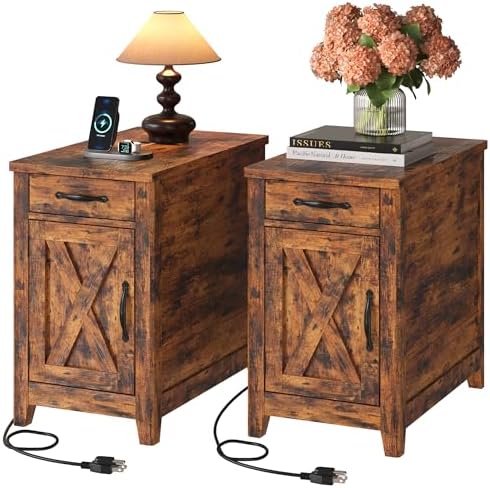 IRONCK End Table with Charging Station, Farmhouse Narrow Side Table with Drawer and Cup Holder, End Table Set of 2 with USB Ports and Outlets for Living Room, Vintage Brown by IRONCK