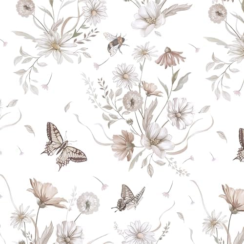 Vinjiasin Wallpaper Peel and Stick Floral Butterfly Contact Paper Vintage Wall Paper for Bathroom Bedroom Self Adhesive Removable Fall Flower Leaf Bee Decor 17.3"x 197" by Vinjiasin