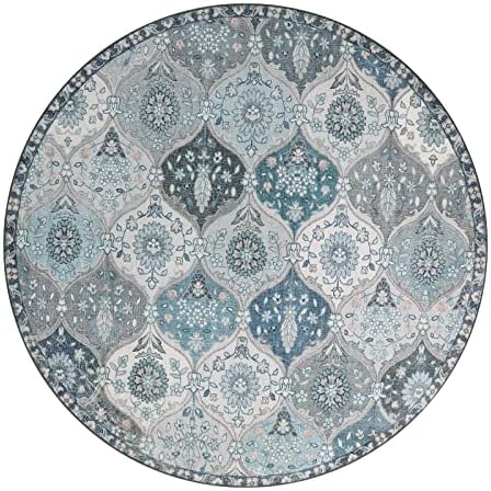 Lahome Moroccan Trellis Round Rug, 5ft, Blue, Faux Wool, Machine Wash, Non-Slip Backing, Low Pile, Floral Pattern, Area Rug for Bedroom, Living Room, Bathroom - Image 3
