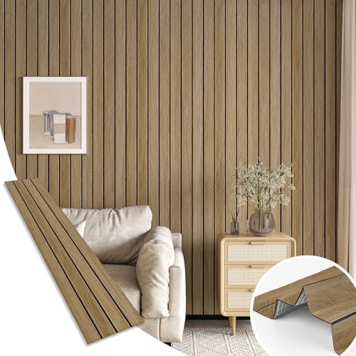Herringbone Wood Panels for Wall Brown 3D Wall Panels 24"x196" | Self Adhesive Acoustic Wood Slat Paneling Shiplap Peel And Stick Wallpaper Fluted Wooden Contact Paper for Bedroom Cabinet by Wallderful