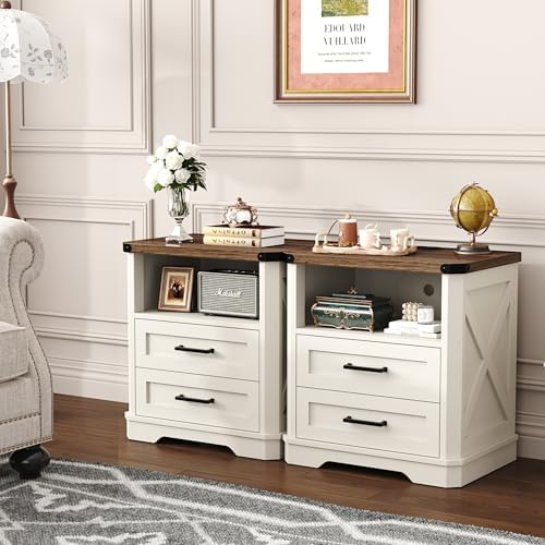 Yusong 23.62” Tall Farmhouse Nightstand, Rustic Wooden Night Stand with Charging Station, Beside Table with Drawers and Open Storage, End Tables for Bedroom, Cream White 003 - Image 4