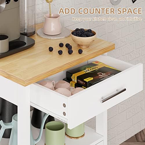 Shintenchi Kitchen Island Cart with Storage,Rolling Side Table on Wheels with Worktop,Single Door Cabinet and Drawer for Dinning Room, White - Image 3