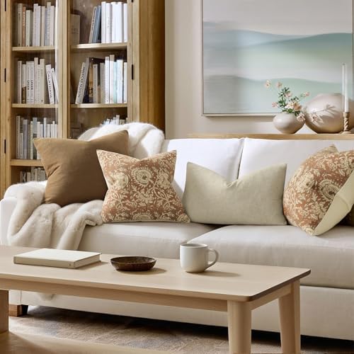Vintage Floral Print Throw Pillow Covers 16x16 Set of 2 Neutral Modern Farmhouse Accent Decorative Cushion Covers Boho Home Decor for Couch Sofa Chair Bed Living Room, Cognac - Image 5