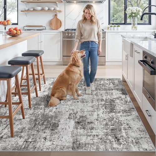 ZHXXUJ 7x7 Square Washable Area Rug, Non-Slip Indoor Rug for Living Room Bedroom Dining Room, Low Pile Stain Resistant Modern Abstract Neutral (Grey) - Image 3