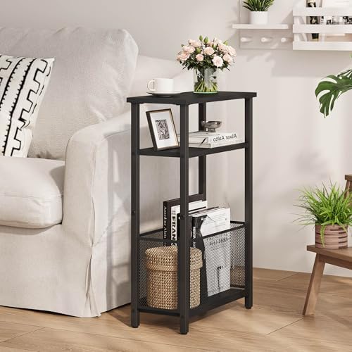 MMEOLUOOK Narrow Side Table with Storage Basket Skinny End Tables for Smalls Spaces 3 Tier Sofa Table Small Nightstand Slim Bedside Table for Living Room Bedroom Black MLBZ22B - Image 2