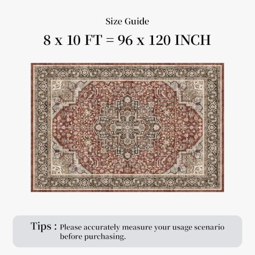8x10 Vintage Area Rug for Living Room - Non-Slip Backing Rugs Red Brown - Image 2