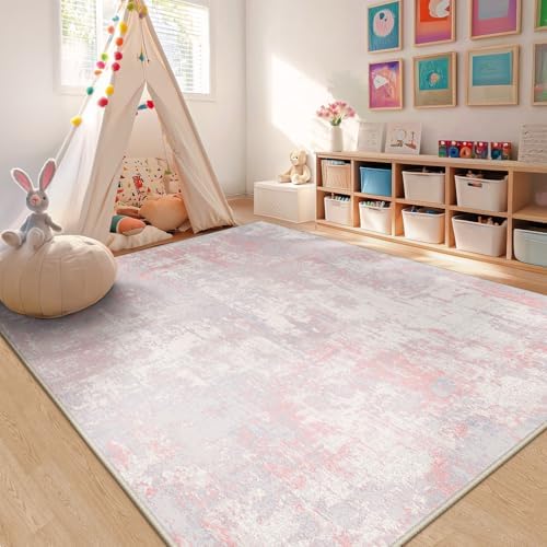 RELEANY Washable 9'x12' Abstract Area Rug for Living Room Gray Pink - Image 6