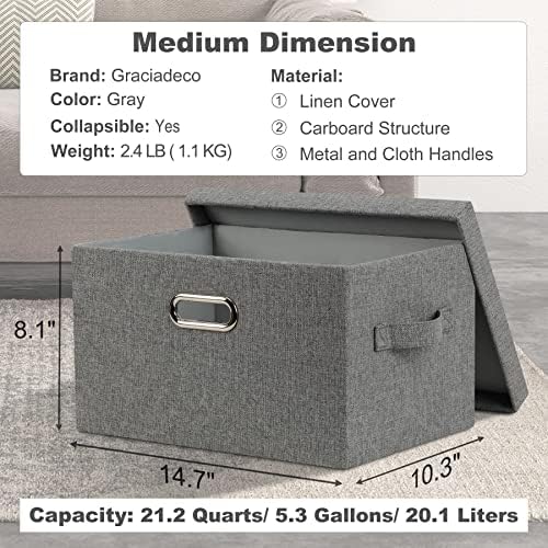 Graciadeco Medium 15" 21 Quart Collapsible Stackable Storage Bins with Lids, 1 Pack Gray Foldable Fabric Closet Storage Boxes with Lids, 4 Handles Heavy-duty Linen Cube Baskets for Bedroom - Image 2