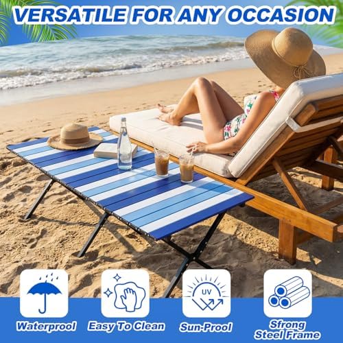 CroBlissful Beach Table Folding Camping Portable Table Striped White Aluminum Side with Carry Bag for Summer Camping Picnics and Outdoor Activities(48x24x18 in,Navy Blue) - Image 5