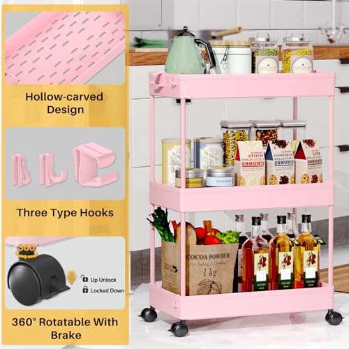 SPACEKEEPER 3 Tier Rolling Cart, Bathroom Cart Organizer with Wheels, Pink - Image 7