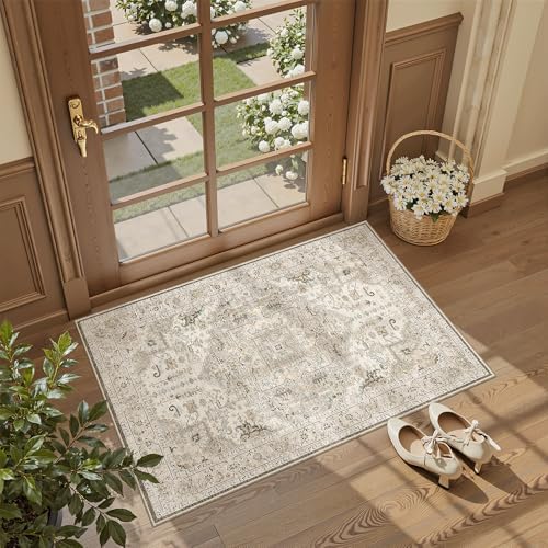 Madane Washable Area Rug 2x3 Small Entryway Rugs Non-Slip, Ivory/Brown by Madane