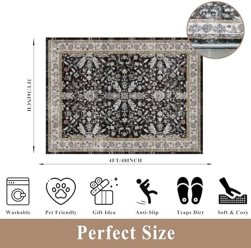 3x4 Entryway Rug Washable Non-Slip–Boho Floral Stain-Resistant Small Area Rug for Kitchen Bedroom Bathroom – Soft Low-Pile Thin Indoor Door Mat (Black,3x4) - Image 2