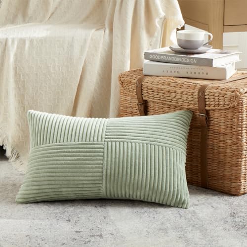 Fancy Homi 2 Packs Sage Green Lumbar Decorative Throw Pillow Covers 16x28 Inch for Living Room Couch Bed, Rustic Farmhouse Boho Home Decor, Soft Striped Corduroy Rectangle Accent Cushion Case 40x70 cm - Image 2