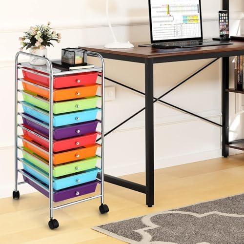 10-Drawer Rolling Storage Cart, Trolley w/Lockable 360° Wheels, 10 Removable PP Drawers, Sturdy Metal Frame, Rolling Utility Cart Perfect for Home, Office, Classroom (Multi-Colored) - Image 2