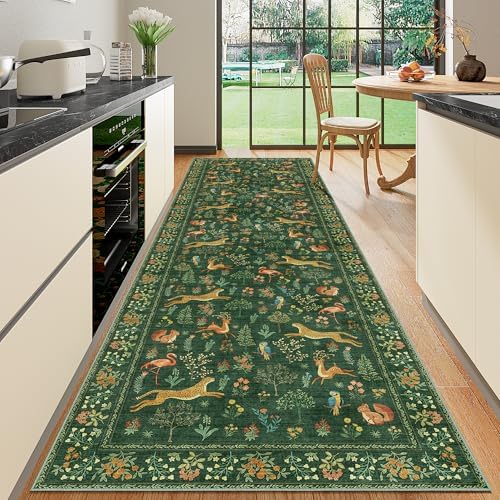 DUKINO 3x10 Washable Runner Rug, Non Slip Animal Rug for Hallway, Green by DUKINO