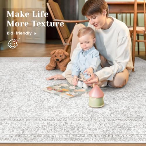9x12 Area Rugs for Living Room: Washable Large Vintage Floral Rug Low Pile Non-Slip Boho Carpet for Bedroom Home Office Dining Room (Floral Grey, 9'x12') - Image 3