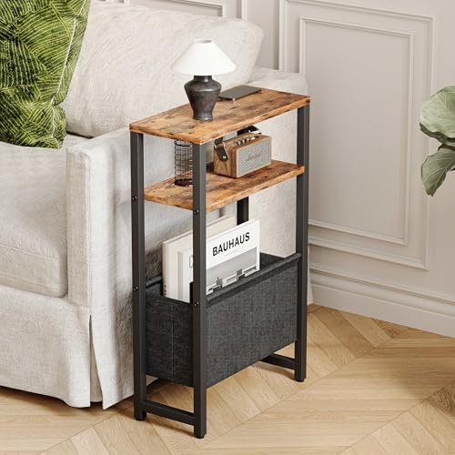 Narrow Side Table, Slim End Table with Magazine Rack, Skinny Bedside Table for Small Spaces, 3 Tier Sofa Couch Table Nightstand for Living Room, Bedroom, Rustic Brown LET503R - Image 2