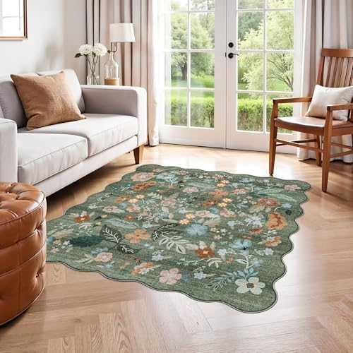 Floral Square Area Rug for Family: Washable 5x5 Scalloped Carpet for Living Room Bedroom Soft Water Resistant Floor Mat with Non Slip Backing for Kitchen Nursery Farmhouse Home Decor(5x5,Floral/Green) - Image 2