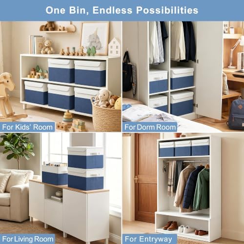 Bagnizer Large 22 Quart Linen Fabric Foldable Storage Bin Cube Organizer Basket with Flip-Top Lid & Handles, Clothes Blanket Box for Home, Office, Closet, Navy Blue & White, 4 Pack 14.6 x 9.5 x 9.5 - Image 4