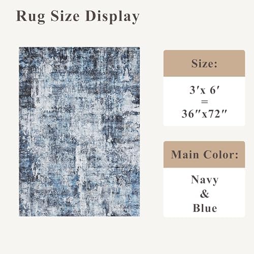 3x6 Washable Wide Runner Rug – Non-Slip Floor Carpet Runner for Kitchen Entryway Hallway Bathroom, Modern Abstract Low Pile Thin Area Rug (Navy Blue, 3x6) - Image 2