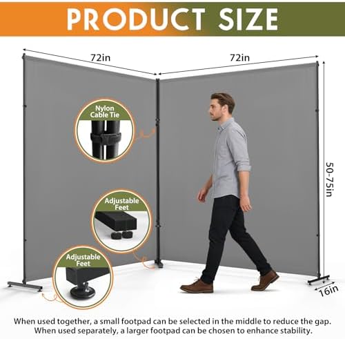 2 X Gray Room Divider/Privacy Panel 72"x72" with Height Adjustable Feet - Image 3