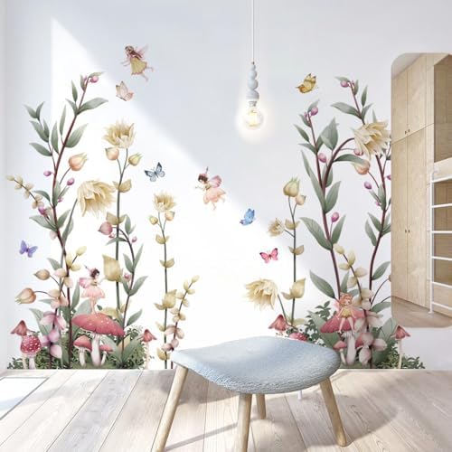 Boho Flower Wall Decals Fairy Wall Decor Wildflower Stickers with Mushroom Peel and Stick Removable for Girls Bedroom, Kids Room, Living Room, Office by NXUEBDUOutlets