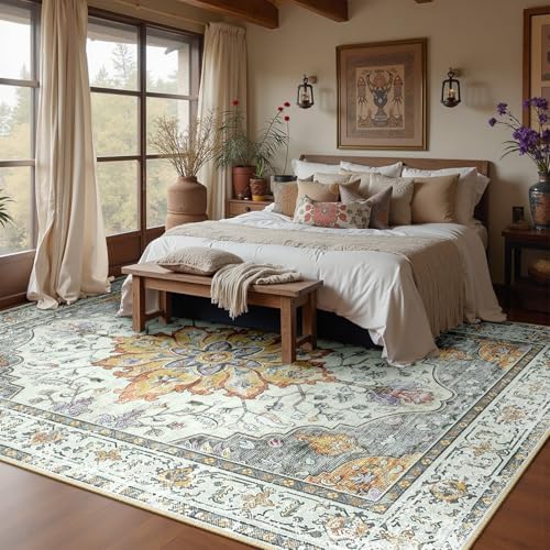 RELEANY Washable Area Rug, 7'x9', Beige/Carbon Grey/Orange by RELEANY