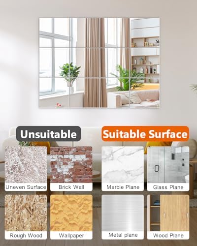 12Pack Acrylic Flexible Mirror Sheets,12x12 Inch Self-Adhesive Mirror Tiles,Square Cuttable Wall Stickers Non Glass Safety Reflective for Home Wall DIY Decor - Image 5